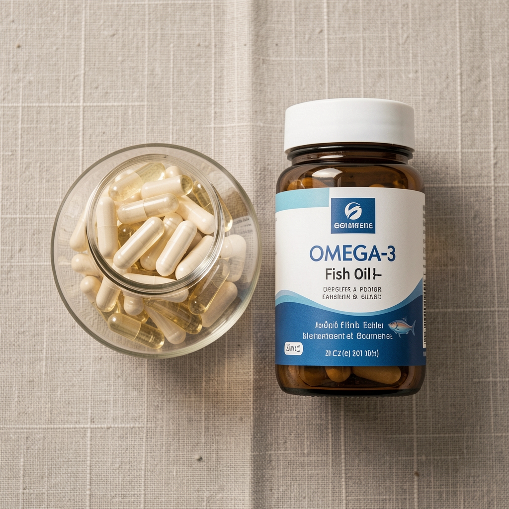 Omega-3 fish oil portions and zinc supplement jar arranged on a neutral linen surface, overhead editorial photography with soft diffused light