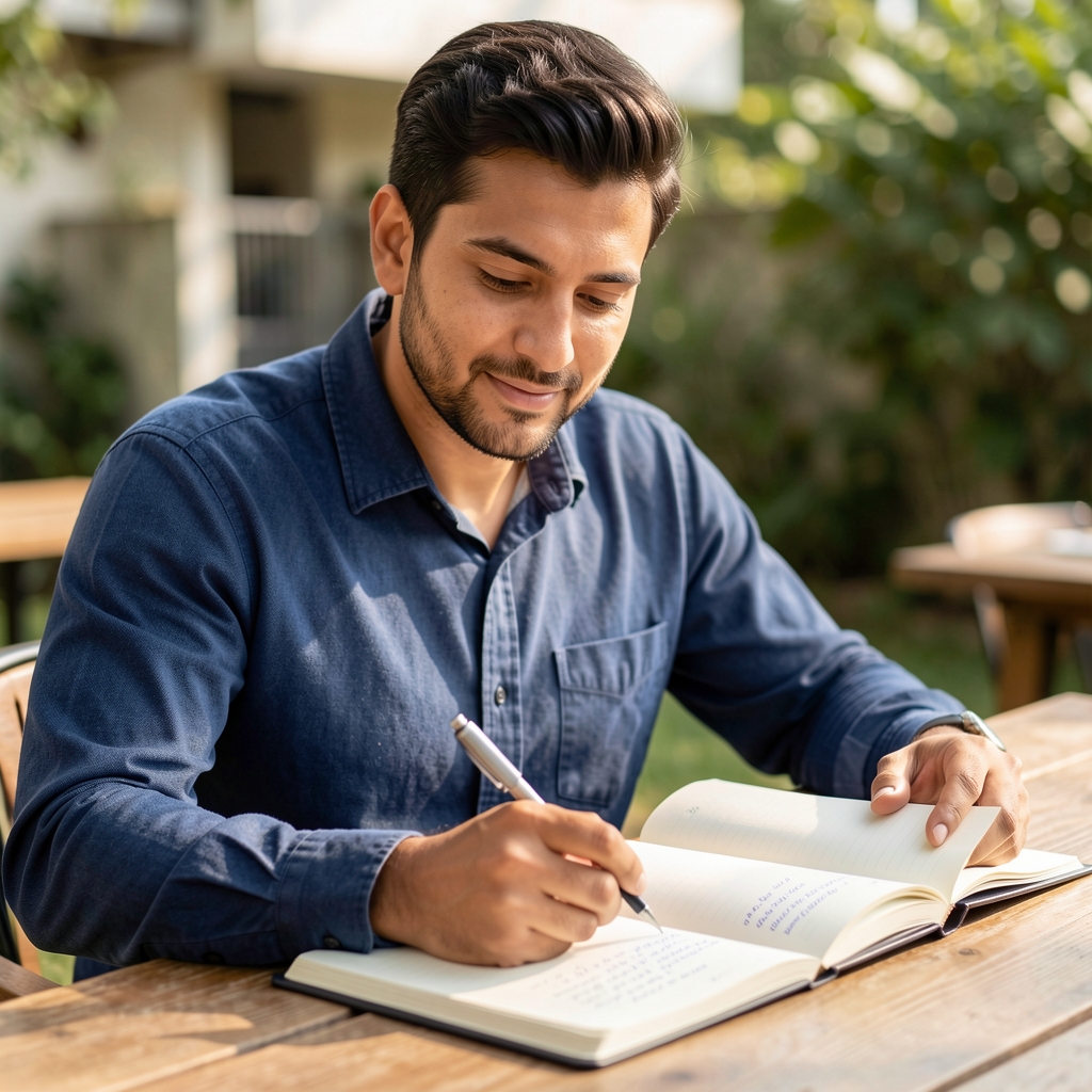 Man journalling at a desk in natural daylight, open notebook with supplement notes visible, editorial portrait composition